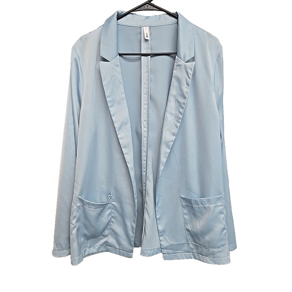 Glam Blazer Women's Large Light Blue Open Front Satin Look Stretchy Pockets - Picture 1 of 6